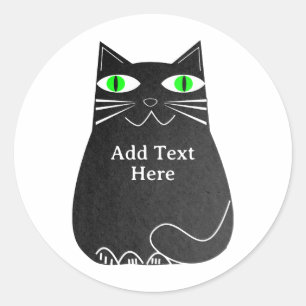 Sticker Rond Chat noir gras avec yeux verts Texte personnalisé