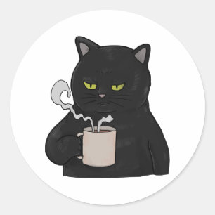 Sticker Rond Chat Noir Grognon au Café du Matin Maussade