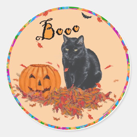 Sticker Rond Chat noir Halloween BOU ! (Devant)