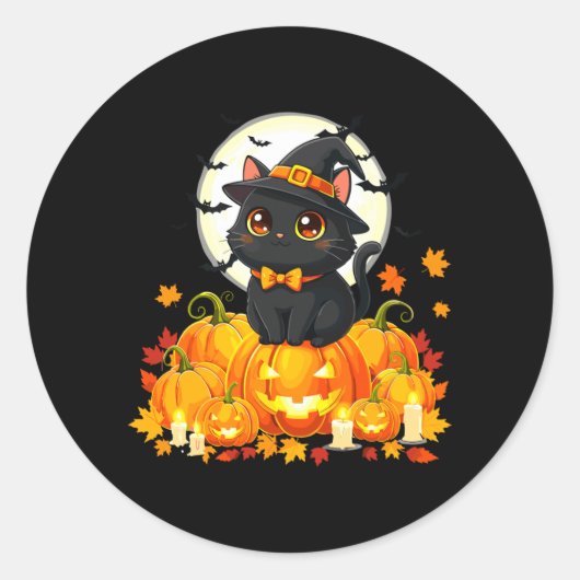 Sticker Rond Chat noir Halloween Citrouille Chat Performance (Devant)