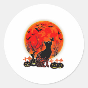Sticker Rond Chat noir Halloween Citrouille Lune Spooy