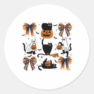 Sticker Rond Chat noir Halloween Coquette Bow Halloween Citroui
