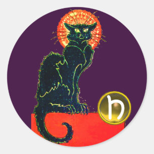 STICKER ROND CHAT NOIR HALLOWEEN PARTY MONOGRAM