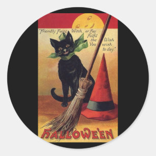 Sticker Rond Chat noir Halloween vintage, balai et chapeau de s