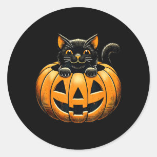 Sticker Rond Chat Noir Heureux En Costume De Halloween Citrouil