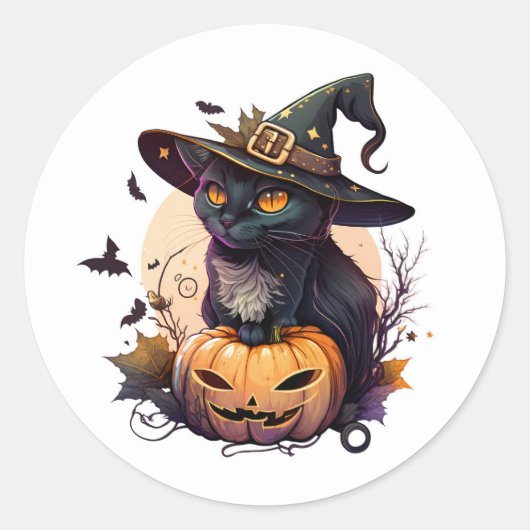 Sticker Rond Chat noir Jack-O-Lantern et chauves-souris (Devant)