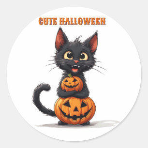 Sticker Rond Chat noir Kawaii étreignant une citrouille Hallowe