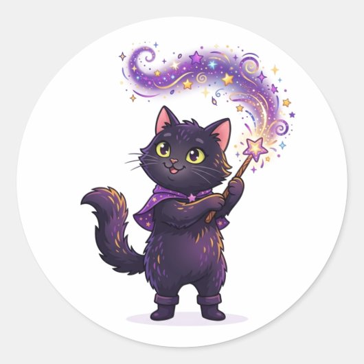 Sticker Rond Chat noir magicien Halloween Sorcier (Devant)
