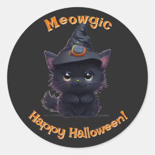 Sticker Rond Chat noir magique d'Halloween blanc mignon