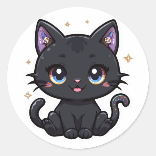 Sticker Rond Chat noir magique Kawaii Galaxy Queue de queue Kit (Devant)