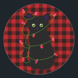 Sticker Rond chat noir | Meowy Christmas | étoile scintillante<br><div class="desc">Noël Meowy - mignon chat noir avec des lumières scintillantes - personnalisable! Et transférable !</div>