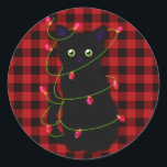 Sticker Rond chat noir | Meowy Christmas | étoile scintillante<br><div class="desc">Noël Meowy - mignon chat noir avec des lumières scintillantes - personnalisable! Et transférable !</div>