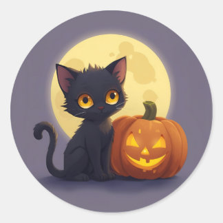 Sticker Rond Chat noir mignon avec Citrouille sculpté brillant