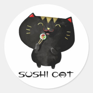 Sticker Rond Chat noir mignon de sushi de Kawaii