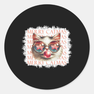 Sticker Rond Chat noir mignon drôle Meowny Noël Lumière Noël Ho