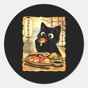 Sticker Rond Chat noir mignon mangeant du sushi kawaii nourritu