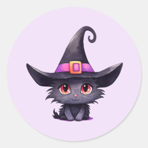 Sticker Rond Chat noir mignon portant l'Halloween Casquette d'u