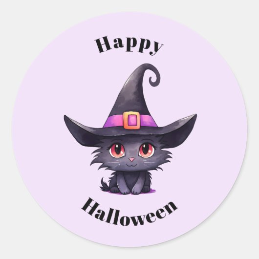 Sticker Rond Chat noir mignon portant l'Halloween Casquette d'u (Devant)