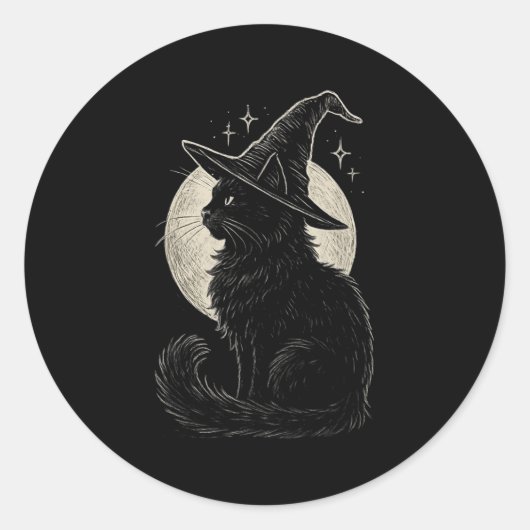 Sticker Rond Chat noir mignon sorcière Casquette Lune Retro Coq (Devant)