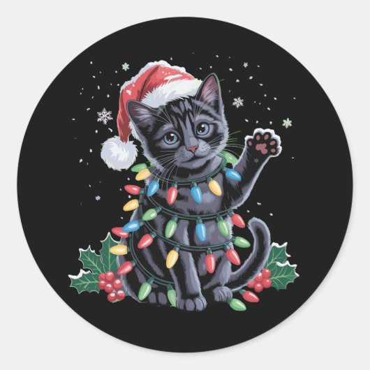 Sticker Rond Chat noir Noël Chapeau de Noël Meowy Noël (Devant)