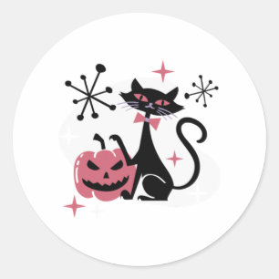 Sticker Rond Chat noir rétro mi-siècle d'Halloween