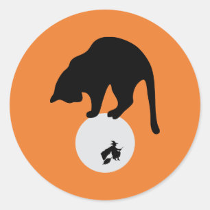 Sticker Rond Chat noir rétro sur la lune Halloween