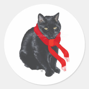 Sticker Rond Chat noir se réchauffant à Noël