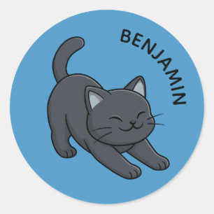 Sticker Rond Chat noir s'étirant sur un nom personnalisé bleu