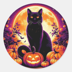 Sticker Rond Chat noir sous la pleine lune Halloween autocollan