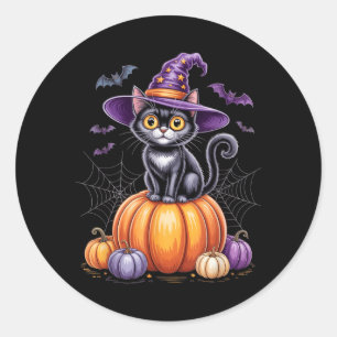 Sticker Rond Chat Noir Sur Citrouille Avec Chapeau De Sorcière 