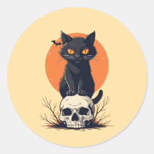 Sticker Rond Chat noir sur le crâne Halloween