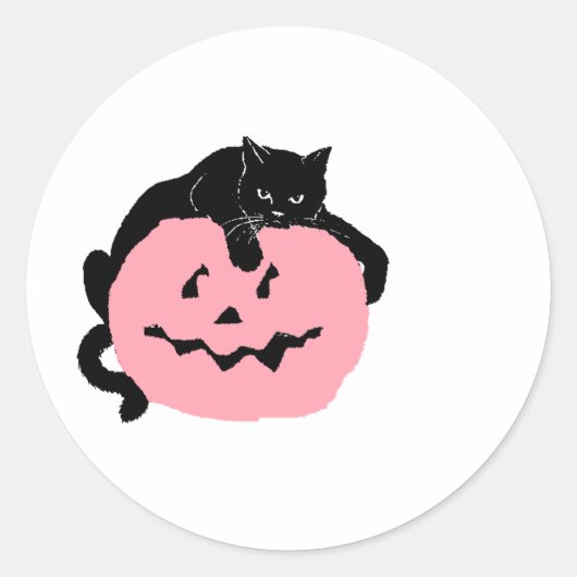 Sticker Rond Chat Noir Sur Un Citrouille Rose (Devant)