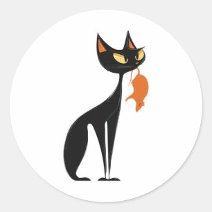 Sticker Rond Chat noir tenant du rat orange