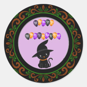 Sticker Rond Chat noir vert orange Joyeux Ballons d'Halloween