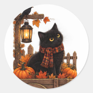 Sticker Rond Chat noir vintage automne récolte