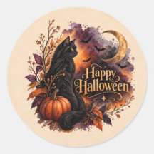 Chat noir vintage Joyeux Halloween Aquarelle Rond