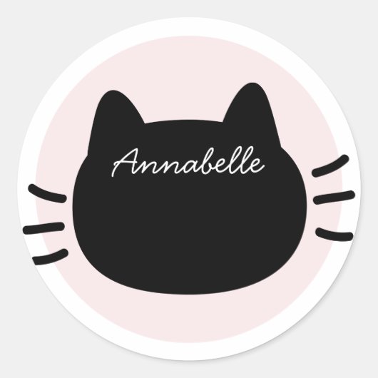 Sticker Rond Chat Noir Visage Nom Rose (Devant)