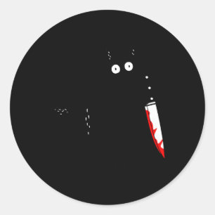 Sticker Rond Chat Noir W Tenant Couteau Sanglant Ns
