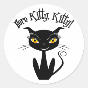 Sticker Rond Chat Noir Whimsical Ici Kitty, Kitty !