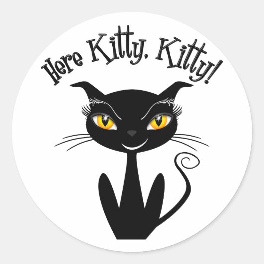 Sticker Rond Chat Noir Whimsical Ici Kitty, Kitty ! (Devant)