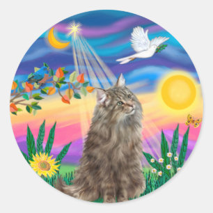 Sticker Rond Chat norvégien tabby - Crépuscule