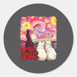 Sticker Rond Chat Nuit Étoilée Van Gogh Rose Rouge Saint-Valent