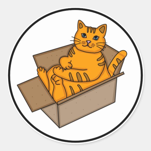 Sticker Rond Chat orange dans une boîte Drôle (Devant)