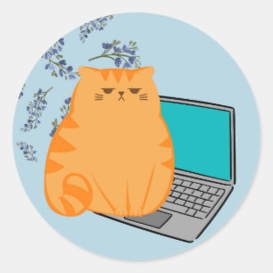 Sticker Rond Chat orange qui travaille