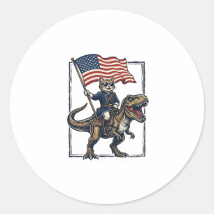 Sticker Rond Chat Patriotique à Cheval sur un Dinosaure Design
