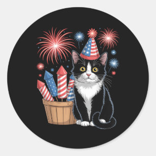 Sticker Rond Chat Patriotique Amérique Chats Drapeau Usa Feux D