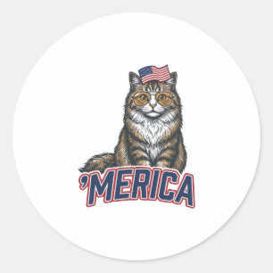 Sticker Rond Chat Patriotique Merica Vintage Gravure de Chemise