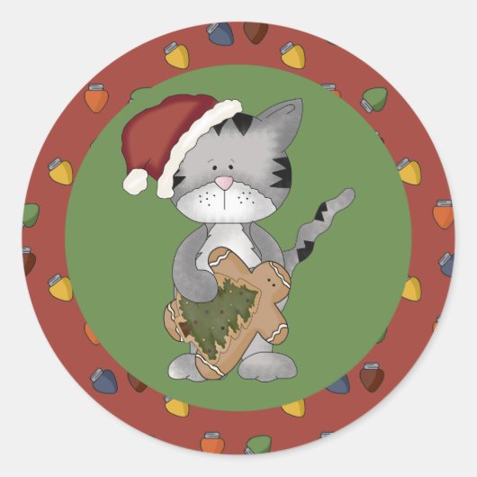 Sticker Rond Chat père Noël avec homme en pain d'épices (Devant)
