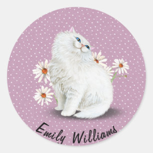 Sticker Rond Chat perse blanc sur des points d'épingle
