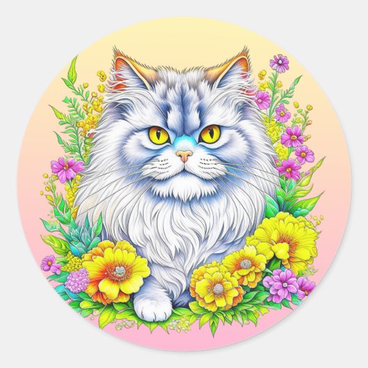 Sticker Rond Chat perse en Fleurs Jaunes et Roses (Devant)